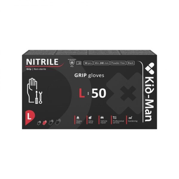 Kid-Man nitrilinės pirštinės GRIP N50 x 10 vnt, juoda